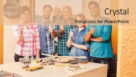  Presentation with team organisation chart - Colorful slides enhanced with women s workshop - successful craftsman's team holding thumbs backdrop and a  colored foreground