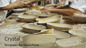  Presentation with bakery at the bakery factory - Presentation theme enhanced with workshop people working together making background and a mint green colored foreground