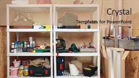  Presentation with press tool - Beautiful PPT layouts featuring workshop tools backdrop and a coral colored foreground