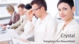  Presentation with business people moving gear - Presentation design featuring workshops seminars - business people sitting background and a white colored foreground