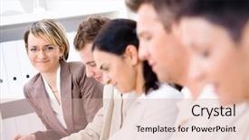  Presentation with five business people standing together and smiling - Amazing PPT layouts having workshops seminars - five business people sitting backdrop and a lemonade colored foreground