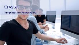  Presentation with team work - Presentation design having workspace diversity - shot of diverse business team background and a light blue colored foreground