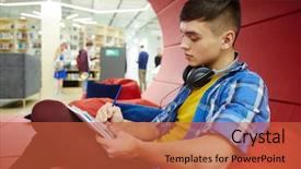  Presentation with creative writing - Colorful slide set enhanced with workspace of modern college rest backdrop and a red colored foreground