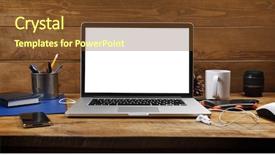  Presentation with equipment - PPT theme with hipster vintage wooden desktop top - workspace with laptop and phone background and a tawny brown colored foreground