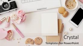  Presentation with flower office desk table - Presentation design having workspace with notebook keyboard photo background and a lemonade colored foreground