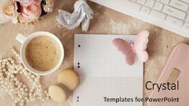  Presentation with diary - Audience pleasing slide deck consisting of workspace with notebook keyboard sketchbook backdrop and a soft green colored foreground