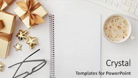  Presentation with christmas - Theme enhanced with workspace with notebook keyboard sketchbook background and a light gray colored foreground