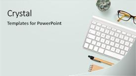  Presentation with home office - Amazing presentation theme having workspace with technical gadgets writing backdrop and a sky blue colored foreground