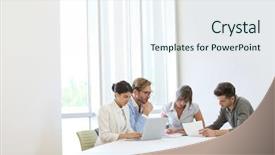  Presentation with meeting table - Presentation consisting of workteam - business people meeting around table background and a sky blue colored foreground