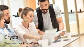  Presentation with design team - PPT theme consisting of workteam - design team meeting and working background and a lemonade colored foreground