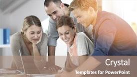  Presentation with business group meeting - Presentation design consisting of workteam - group of young people background and a coral colored foreground