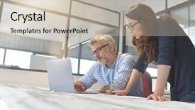  Presentation with working together - PPT layouts enhanced with workteam - industrial designers working together background and a soft green colored foreground