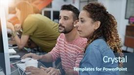  Presentation with desktop - PPT layouts enhanced with workteam - start-up people working on desktop background and a  colored foreground