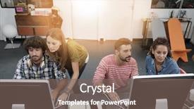  Presentation with desktop - Cool new presentation theme with workteam - start-up people working on desktop backdrop and a  colored foreground