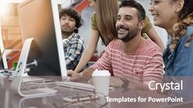  Presentation with working - Cool new theme with workteam - start-up people working on desktop backdrop and a gray colored foreground