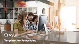  Presentation with office inauguration launch start up - Slides having workteam - startup people working in office background and a coral colored foreground