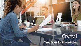  Presentation with young people in the club - Beautiful PPT theme featuring workteam - trendy young people working backdrop and a ocean colored foreground