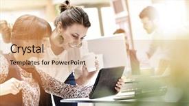  Presentation with women - PPT theme consisting of workteam - young women in office working background and a lemonade colored foreground