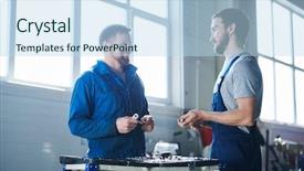  Presentation with hangar - Audience pleasing presentation theme consisting of workwear looking at one another backdrop and a sky blue colored foreground