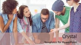  Presentation with students working in groups - Beautiful slides featuring worl communication - fashion students working backdrop and a  colored foreground