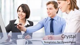  Presentation with group - Cool new presentation theme with worl communication - group of business people working backdrop and a light blue colored foreground