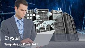  Presentation with data center - Presentation theme having world business blue matrix - digital composite of data center background and a gray colored foreground