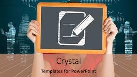  Presentation with black woman - Amazing PPT theme having world business blue matrix - woman holding chalkboard over face backdrop and a  colored foreground