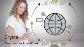  Presentation with mobile phone in woman hand - Amazing PPT theme having world card grey - digital composite of woman backdrop and a soft green colored foreground