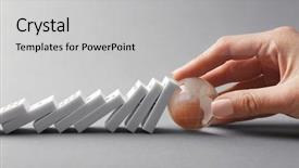  Presentation with transparent earth - Audience pleasing slide deck consisting of world change - woman hand stopping falling dominoes backdrop and a light gray colored foreground