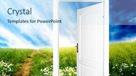  Presentation with open door - Beautiful slides featuring door to new world colourful backdrop and a sky blue colored foreground