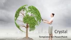  Presentation with tree - Cool new presentation theme with world communication - young businesswoman cutting tree backdrop and a light gray colored foreground