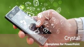  Presentation with media as culture - PPT theme having world connected - hand holding smartphone with media background and a coral colored foreground