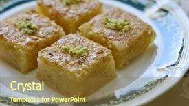  Presentation with arabic - Slides featuring world cuisine - basbousa - an arabic sweet background and a tawny brown colored foreground