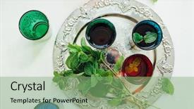 Presentation with tea leaves fresh green leaf - Colorful presentation theme enhanced with world cuisine - local favorite moroccan mint tea backdrop and a seafoam green colored foreground