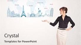  Presentation with business culture - Colorful presentation enhanced with world culture - business woman presenting map backdrop and a sky blue colored foreground