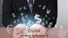  Presentation with world currency - Amazing presentation design having world currency - businessman with financial symbols coming backdrop and a coral colored foreground