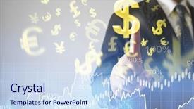  Presentation with world currency - PPT theme with world currency - businessman with financial symbols coming background and a sky blue colored foreground