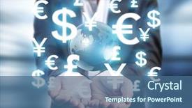  Presentation with world currency - Slide deck with world currency - businessman with financial symbols coming background and a ocean colored foreground