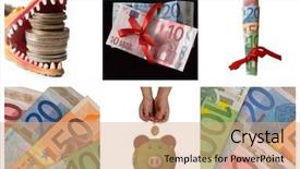  Presentation with roman columns money - Beautiful presentation theme featuring world currency - collage of euro money backdrop and a  colored foreground