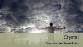  Presentation with city silhouette - Presentation with world face - man with open arms facing background and a mint green colored foreground