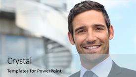  Presentation with building - Slide set featuring world face - smiling business man standing outside background and a light blue colored foreground