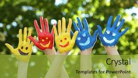  Presentation with colorful hands - Cool new presentation theme with world faith - smiling colorful hands on natural backdrop and a gold colored foreground