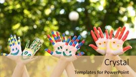  Presentation with colorful hands - Beautiful PPT theme featuring world faith - smiling colorful hands on natural backdrop and a coral colored foreground