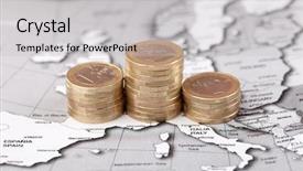  Presentation with finance - Colorful presentation design enhanced with world finance - coins on the map backdrop and a light gray colored foreground