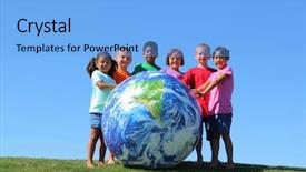  Presentation with earth kids - Amazing PPT theme having world globe - kids with large earth ball backdrop and a light blue colored foreground