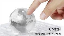  Presentation with global - Presentation design having world hand now - fingers to global on keyboard background and a light gray colored foreground