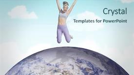  Presentation with blue sky - Cool new PPT theme with world health day - sporty happy blonde jumping backdrop and a sky blue colored foreground