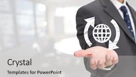  Presentation with hand palm - Slide deck consisting of world icon and around arrows background and a  colored foreground