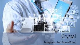  Presentation with laptop - Theme with world internet - businessman with laptop in his background and a  colored foreground