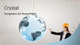 Presentation with nail - Beautiful PPT theme featuring world internet - woman builder hitting nail backdrop and a white colored foreground